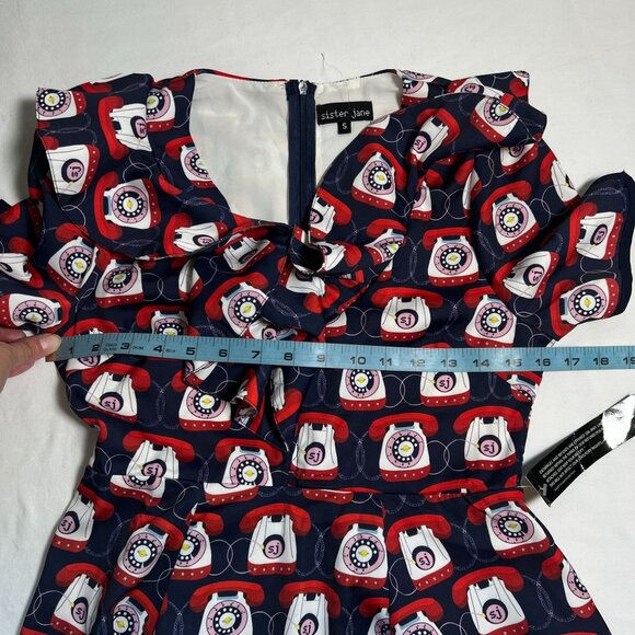 NWT Sister Jane Telephone Print Tea Dress With Frills Blue Multicolor Small - Picture 7 of 15